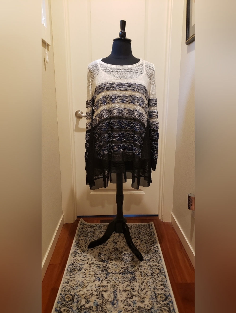 Alfani Relaxed Striped Scoop-Neck Sweater - Black, White & Blue W/ Cami